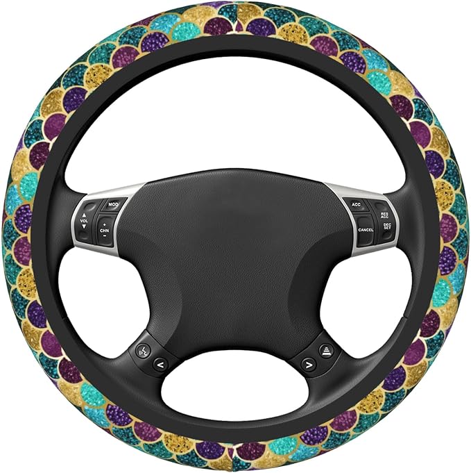 Glitter Mermaid Scales Steering Wheel Cover Cute for Women Men Car Accessories Universal 15 Inch Anti-Slip Automotive Steering Wheels Protector Covers for Truck SUV Sedan Turquoise