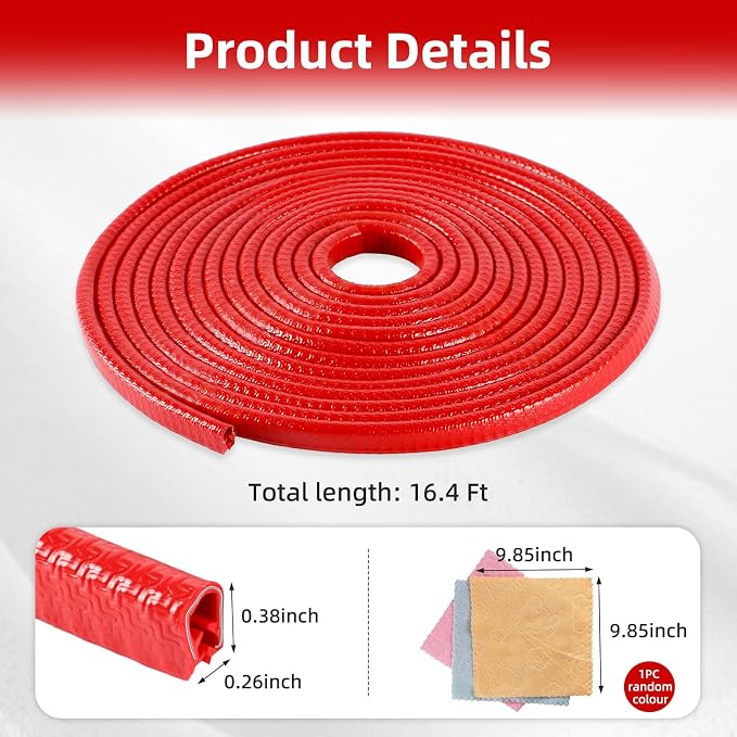 16.4Ft (5M) Car Door Edge Guard, No Glue Car Door Entry Guard Protective Strip, Rubber Edge Trim Car Door Protector, Applicable to Car, Truck, SUV and ATV, Car Exterior Accessories（Red）