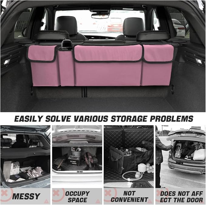Car Trunk Organizer, Backseat Hanging Large Storage with Adjustable Straps, Waterproof Collapsible Cargo Bag with 4 Pockets, Sturdy Space Saver Frees Trunk Floor for SUV, Truck, MPV
