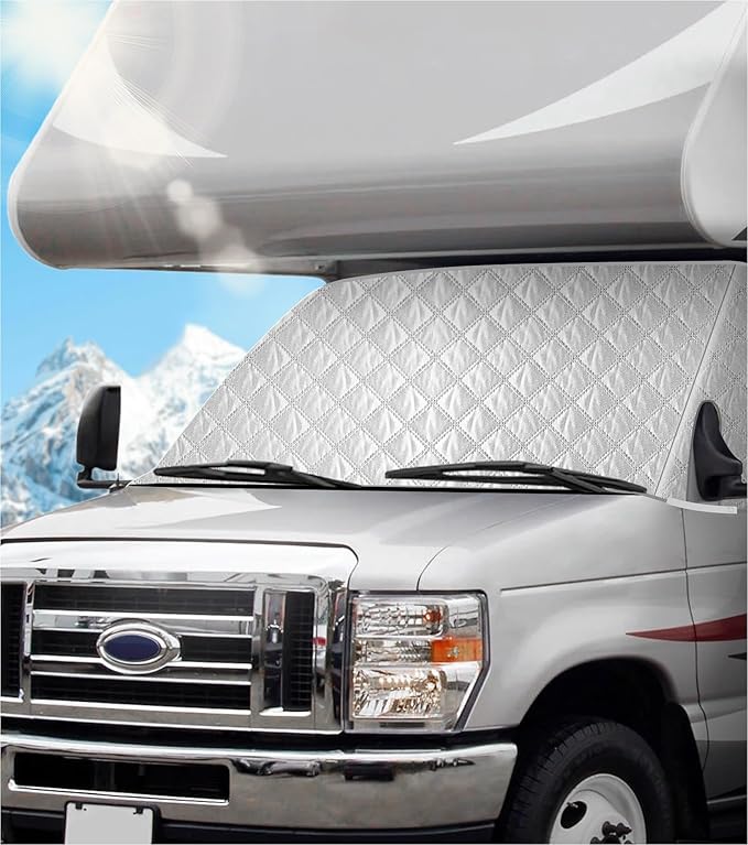RV Windshield Cover for Ford E450,E350,E250,Econoline,Club Wagon 1997-2025 Motorhome, Class C RV Front Window Sunshade for UV Protection & Privacy Shield, White with Mirror Cutouts