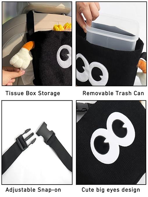 Car Cute 2 in 1 Trash Can with Tissue Holder Box Seat Back Bag Hanging over the Seat Organizer Plush Cartoon Animal Storage Garbage,Black