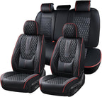 Coverado Car Seat Covers Full Set, Nappa Leather Seat Covers for Car, Waterproof Car Seat Protector with Lumbar Support, Automotive Seat Covers Universal Fit for Most Cars SUV Trucks (Black-Red line)