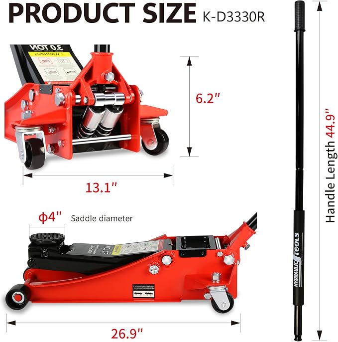 Floor Jack, Professional Heavy Duty Hydraulic Floor Jack, Low Profile Steel Racing Floor Jacks w/2 Piston Quick Lift Pump, Lifting 3.3"-18.5" 3 Ton(6000lb) Capacity Red