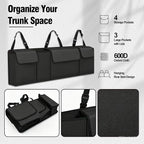Car Trunk Organizer, Waterproof Backseat Hanging Large Storage with Adjustable Straps, Collapsible Cargo Bag with 4 Pockets, Sturdy Space Saver Frees Trunk Floor for SUV, Truck, MPV (Black)