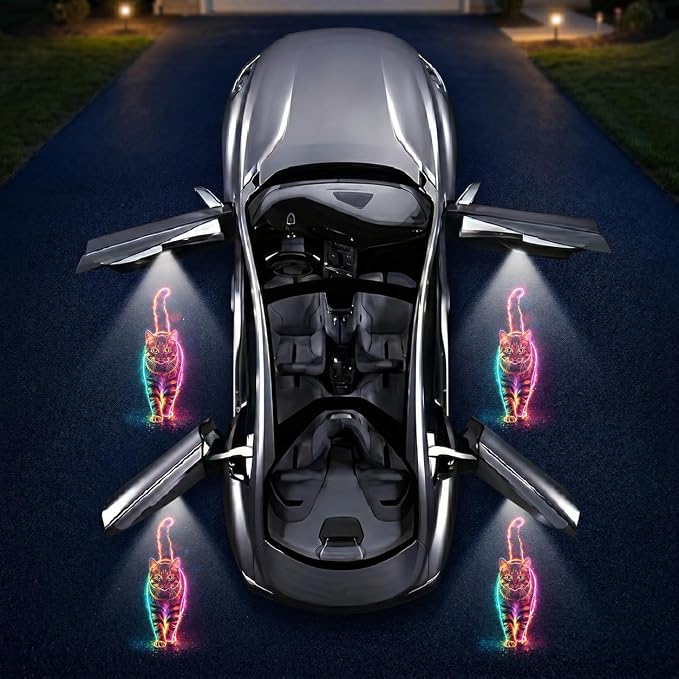2PCS Neon Cat Car Door Lights Projector, Magnetic Logo Projector Door Lights, Wireless LED Welcome Puddle Light, Neon Cat Car Accessories Decor, Cats Gifts for Women Men, Fit All Vehicles