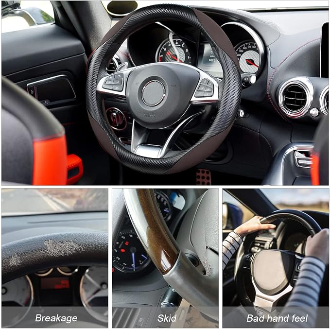Steering Wheel Cover for Women and Men, Carbon Fiber Plush Steering Wheel Cover Soft Anti-Slip Comforting, Universal 15 Inches Steering Wheels Accessories (Carbon Fiber Black/Coffee)