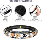 Cat Steering Wheel Cover for Women Men with 2 Pcs Car Coasters, Universal 14.5-15 Inch Cute Steering Wheel Covers Non-Slip Car Accessories for Girls