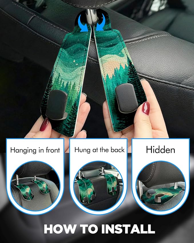 Purse Holder for Car, 2 Pack Heavy Duty Purse Hanger for Car, PU Leather Car Seat Hooks for Purses and Bags, Cute Forest Headrest Organizer for Handbags & Backpacks