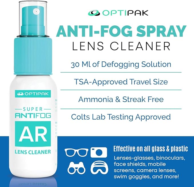 Anti Fog Lens Cleaner Spray Kit | (2x) 1oz Anti Fog Glasses Cleaner Bottle + (2x) Microfiber Cloth for Eyeglasses, Goggles, Sunglasses, Mirror - Eyeglass Defogger Spray Cleaning Kit (4 Piece Set)