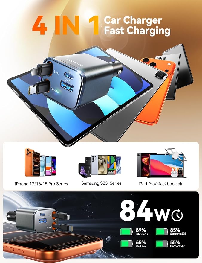 [2026 Ultra-Compact] Retractable Car Charger 84W Car Charger USB C for iPhone 16 17 Fast Charging, Car Accessories, Car Adapter Travel Essentials Gifts for Women Men, for iPhone 17 16 15 14 13