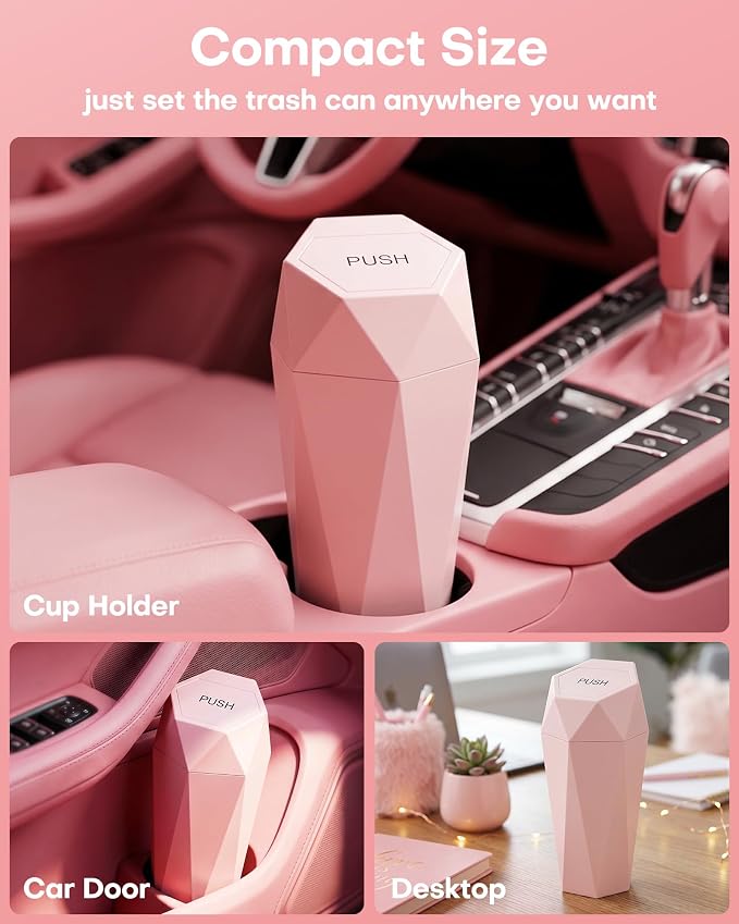 Car Trash Can with Lid - 2 Pack, Car Accessories for Interior, Leakproof Vehicle Garbage Can with 30 Attached Trash Bags, Multipurpose Organizers and Storage for Home, Office, Pink