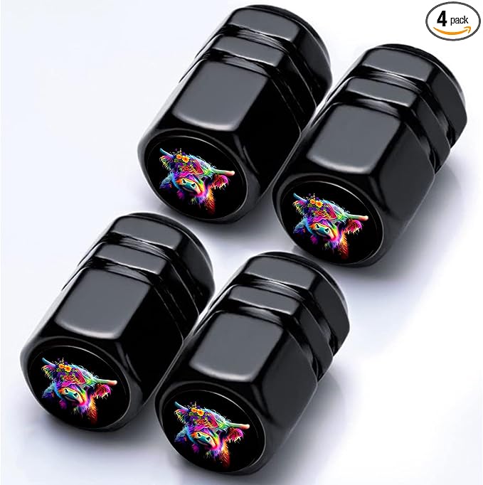 4Pack Cow Car Tire Valve Stem Caps Aluminum Valve Stem Covers Air Cap | Corrosion Resistant Car Valve Cap for Auto SUV Bike Motorcycle Valve Decor Cow Car Accessories Highland Cows Gifts