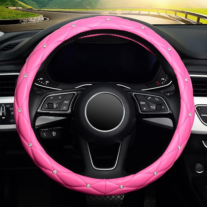 Diamond Leather Steering Wheel Cover with Bling Bling Crystal Rhinestones, Universal 15 inch,Dark Pink