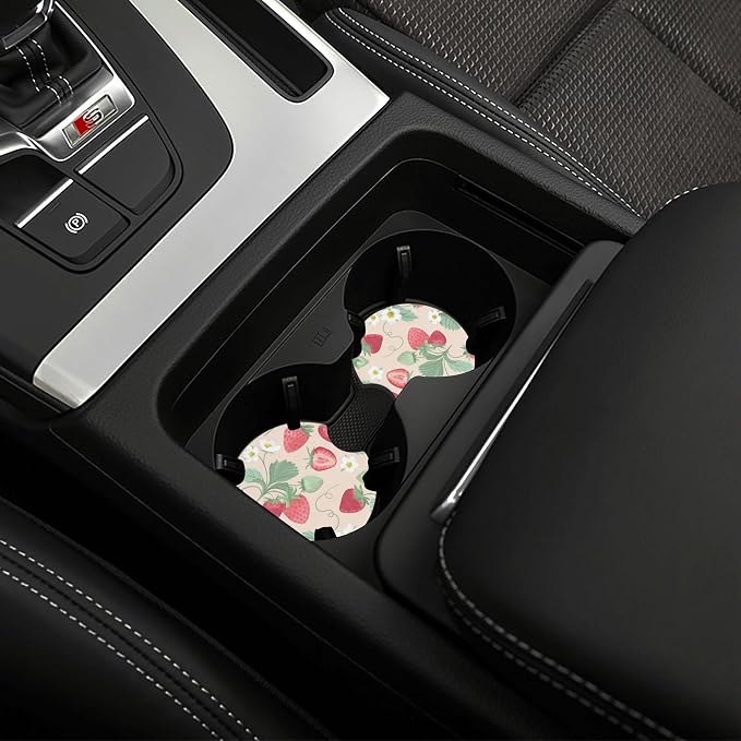 Strawberry Flowers 3-Pc Car Set : Steering Wheel Cover + 2 Pc Car Coasters | Cute neoprene Non-Slip Breathable Elasticity Universal for 14-15 Inch for Women