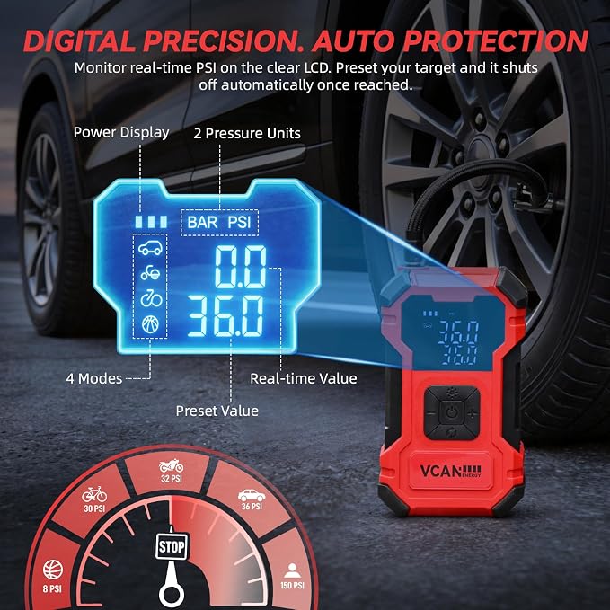 Flat Tire Repair Kit with Air Compressor, 150PSI Portable Air Pump with Auto-Stop & LED, Heavy Duty Tire Plug Kit for Car, SUV, Truck, Jeep, Motorcycle, Roadside Emergency Assistance（Red)