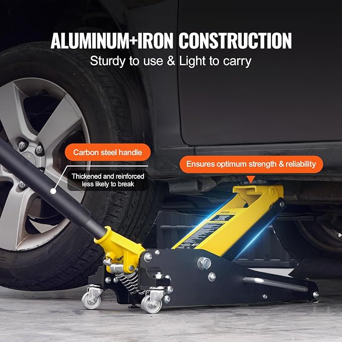 Low Profile Floor Jack 2 Ton (4400 lbs), Heavy Duty Aluminum Hydraulic Racing Floor Jack, Hydraulic Car Jack, Dual Piston Quick Lift Pump, 3.2"-14.6" Height Lifting Range (Yellow)