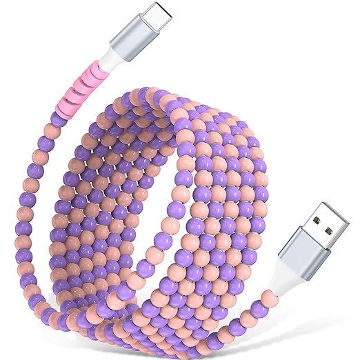 USB A to USB C Cable 6FT,Beaded Charger Cord for iPhone 17 16 Pro Max 16e 15 Car play,TypeC Cute Car Charger Cord for iPad 10 11th A16/Samsung S26 S25 S24 S23 S22/Android Phone Girls Women,Pink Purple