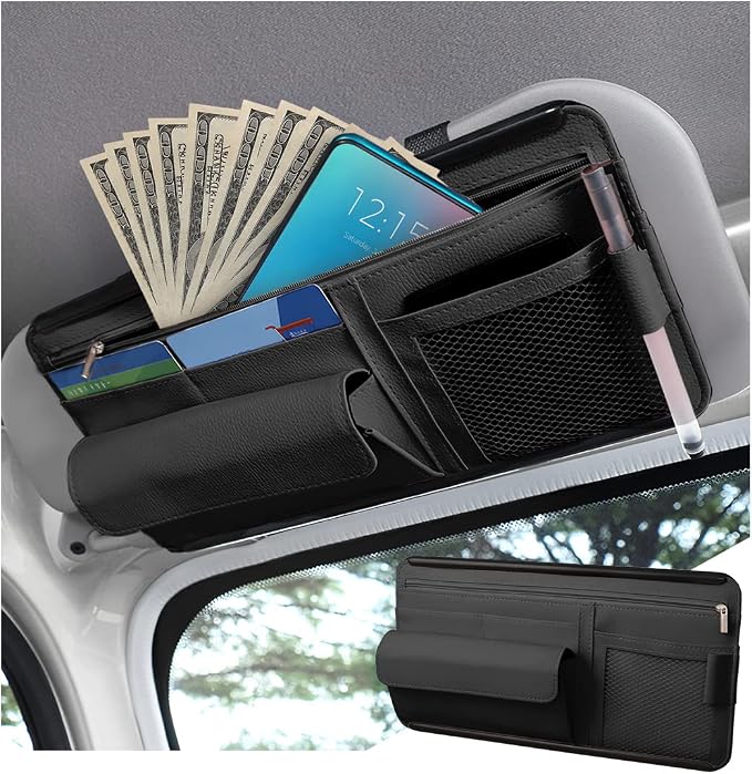Car Sun Visor Organizer, Car Visor Pocket Wallet Pouch Holder, Vehicle Sunshade Glasses Case Storage Bag with Multi-Pocket Net Zipper, Auto Interior Accessories Universal for SUV Truck Van (Black)