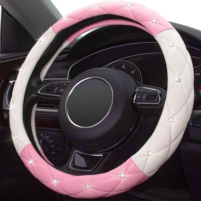White Pink Steering Wheel Cover, Anti-Slip Steering Wheel Protector with Crystal Rhinestones Microfiber Leather, Steering Wheel Cover for Women and Girl Fit 14.5-15 inch