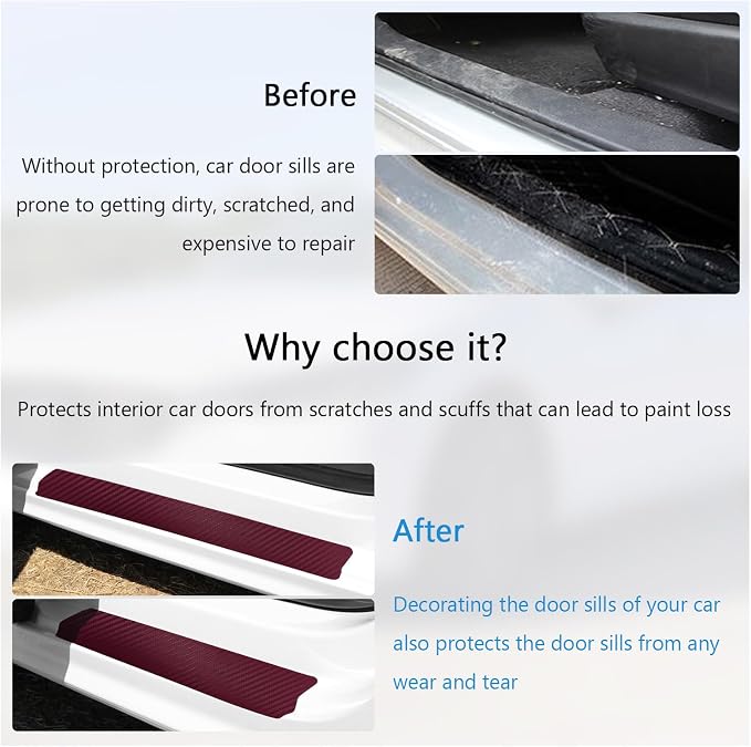 4 PCS Car Door Sill Protector, 3D Carbon Fiber Auto Door Entry Edge Guard Protection Trim, Anti-Scratch Threshold Cover Strips, Sill Protection Sticker for Car SUV Truck (Wine Red)