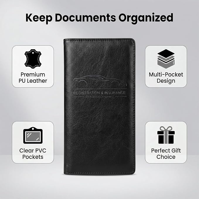 Premium Car Registration & Insurance Card Holder with Magnetic Shut, Vehicle Glove Box Car Organizer - For Documents, Cards, License (Cowhide Black)