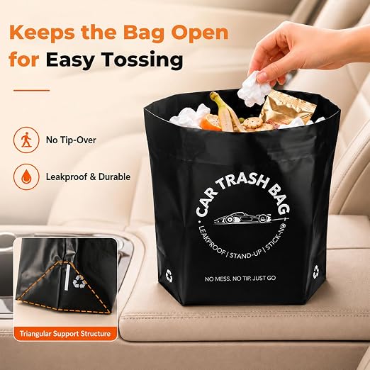 Disposable Car Trash Bags, 60 Count Stand-Up & Stick-On Car Garbage Bags, 2 Gallon Leakproof Odor Seal Heavy Duty Car Trash Can Alternative for Car SUV Truck