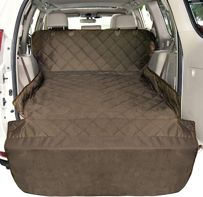 SUV Cargo Liner for Dogs, Water Resistant Pet Cargo Cover Dog Seat Cover Mat for SUVs Sedans Vans with Bumper Flap Protector, Non-Slip, Large Size Universal Fit, Brown