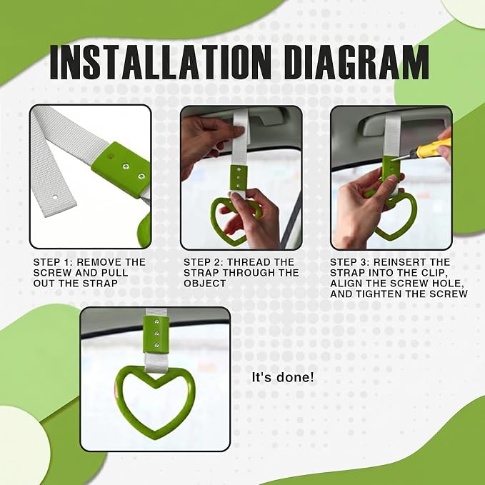 2PCS Heart Shaped Car Handle Straps, Rear Bumper Warning Keychain Ring for Car Exterior Accessories (Green-Silver)
