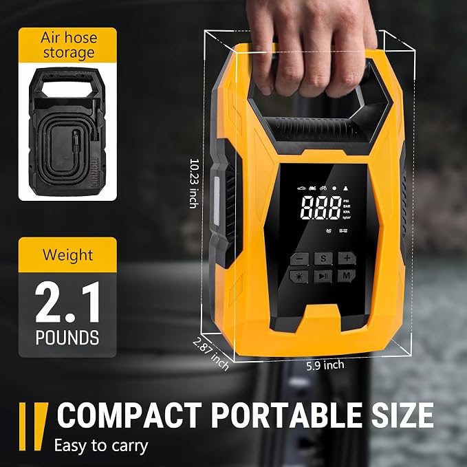 AC/DC Tire Inflator Portable Air Compressor, Dual Power for Home 110V AC and Car 12V DC Air Pump with Pressure Gauge, Auto Shutoff, Tire Pump for Car Motorcycle Bicycle and Other Inflatables