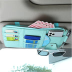 Car Sun Visor Organizer, Leather Personal Belonging Storage Pouch with Zipper, Car Visor Storage Pouch Sunglasses Holder, Auto Interior Accessories Pocket Organizers (Blue)