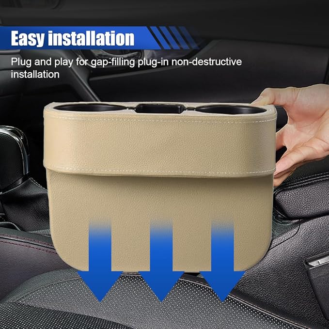 Car Cup Holder, PU Leather Cover Auto Front Seat Organizer, Beige | Multifunctional Cup Drink Holder, Gap Filler Coin Bucket Storage Box, Console Side Pocket, Cell Mobile Phone Holder