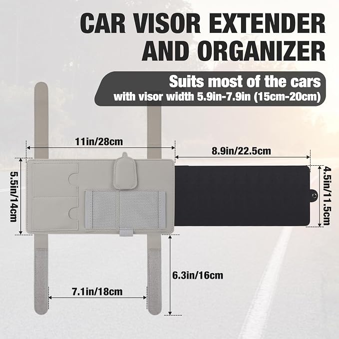 Sun Visor Extender for Car, Sun Blocker with Magnetic Sunglass Holder Hanger Clip, Ticket Card Organization Pouches, Side Sunshade Visor Organizer Accessories, Gray