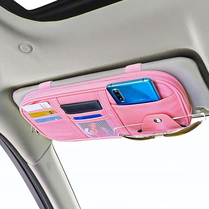 Car Sun Visor Organizer Auto Interior Accessories Visor Pocket Organizer Car Truck Visor Storage Pouch Holder with Multi-Pocket Double Zippers New (Pink)