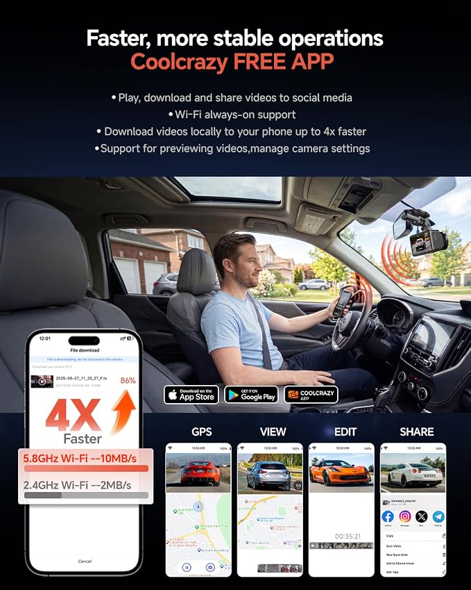 Front Rear - 4K STARVIS Sensor Dashcam,Free 64GB Card, Built-in 5G WiFi/GPS, Dual Dash Camera for Cars with 3" IPS Screen,HDR/WDR Night Vision, App Control, 24H Parking Mode