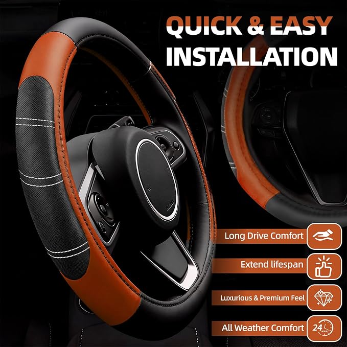 6 Pcs Brown Car Accessories Set, Sport Leather Steering Wheel Cover 14.5-15inch Universal, Microfiber Leather Car Center Console Cover, Seat Belt Cushion, Cup Holder Coaster (Black-Brown)