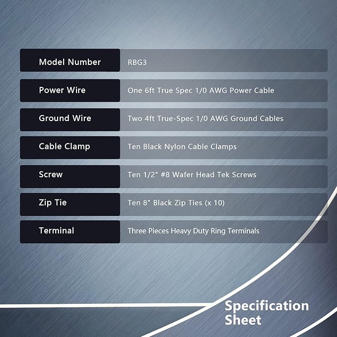 RBG3 True Spec 1/0 Gauge Wire Big 3 Amp Wiring Upgrade Kits for Car Audio Systems