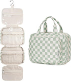 Hanging Toiletry Bag for Women Travel Checkered Makeup Bag Organizer Toiletries Bag for Travel Size Essentials, Accessories, Brushes, Cosmetics (Green Checkerboard (Medium))