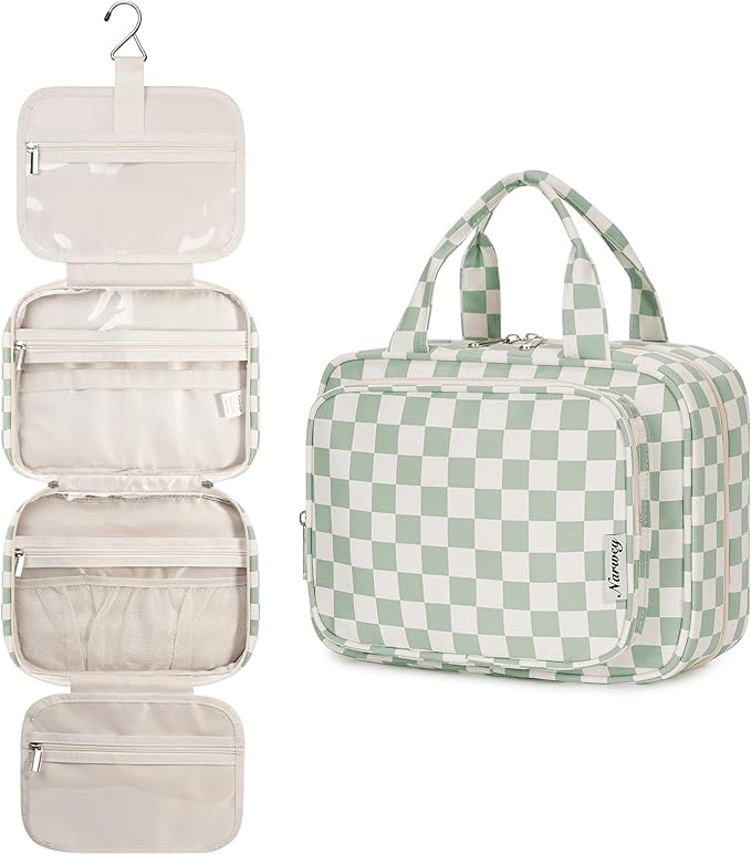 Hanging Toiletry Bag for Women Travel Checkered Makeup Bag Organizer Toiletries Bag for Travel Size Essentials, Accessories, Brushes, Cosmetics (Green Checkerboard (Medium))