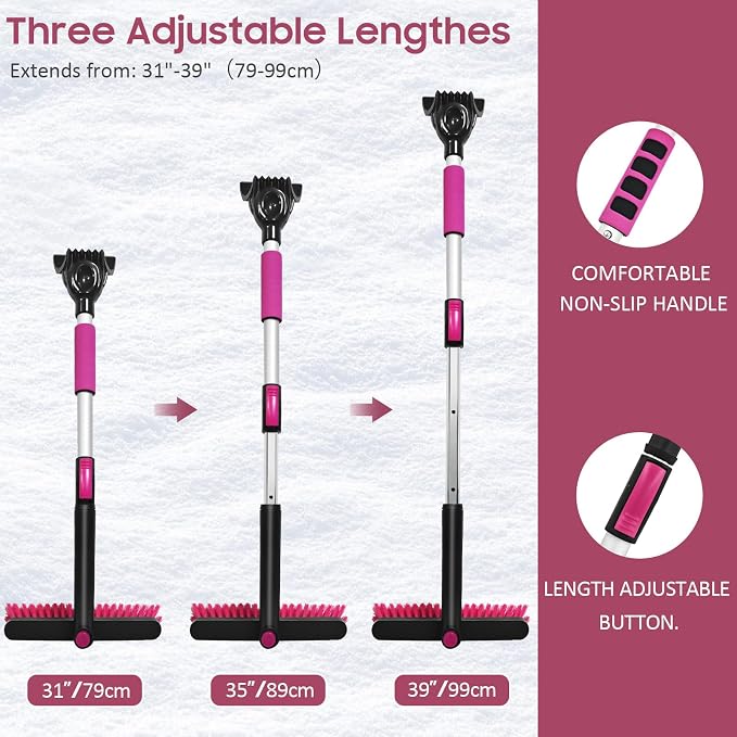 39in Car Snow Brush Ice Scraper 360° Rotating, Magenta Pink