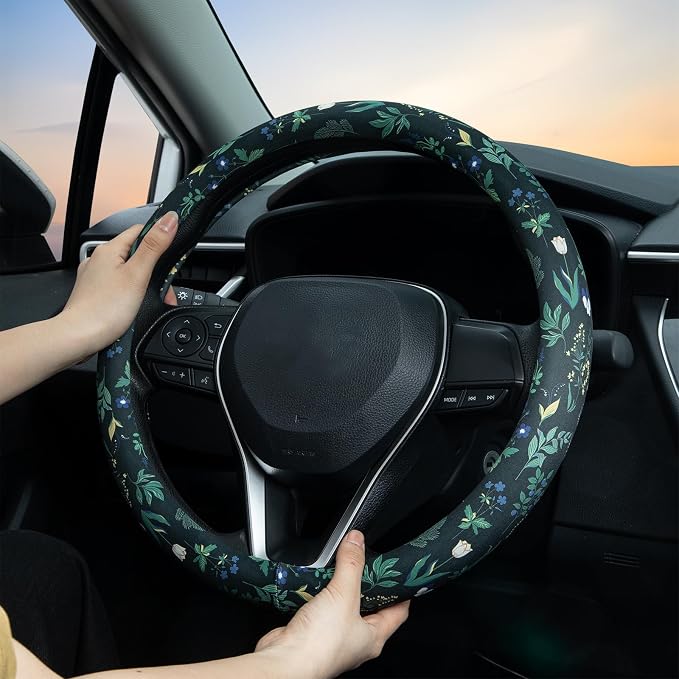 Wild Flowers Steering Wheel Cover Auto Steering Wheel Protector, Anti-Slip, Breathable, Absorbing Sweat, Universal Floral Car Accessories 14.5–15 inch,Fit for Most Car, Trucks, SUV