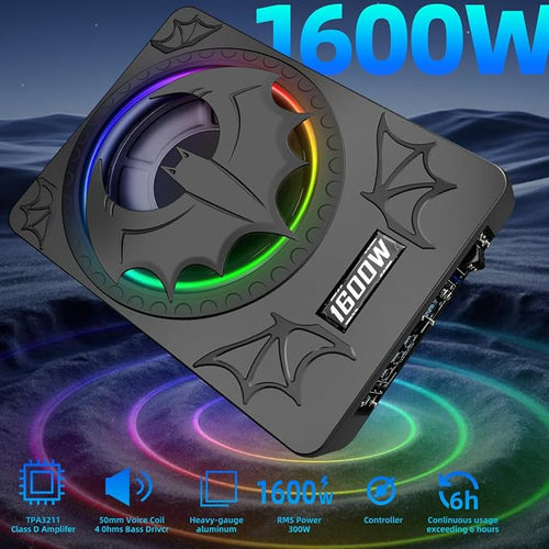1600W Slim Underseat Subwoofer with Built-in Amp 10 Inch Sub | RGB Ambient Lighting, LPF/Gain/Bass Boost Controls, Individual Controls, Distortion-Free Deep Bass | Universal Fit for All Car