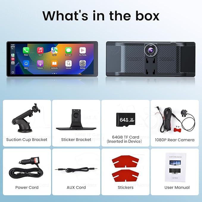 11.26" Carplay Screen for Car,4K Dash Cam,Portable Tablet for Apple Android Auto,Voice Touch Control GPS Navigation,Stereo Audio Radio,Rear Backup Camera,Bluetooth,Wireless Mirror for Truck