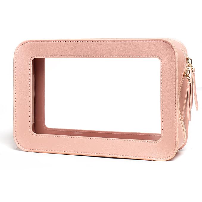 Clear Makeup Bag, TSA Approved Toiletry Organizer With Zipper, Fit Carry-on Travel Essentials, Cosmetic Bag for Women Men (O-Pink)
