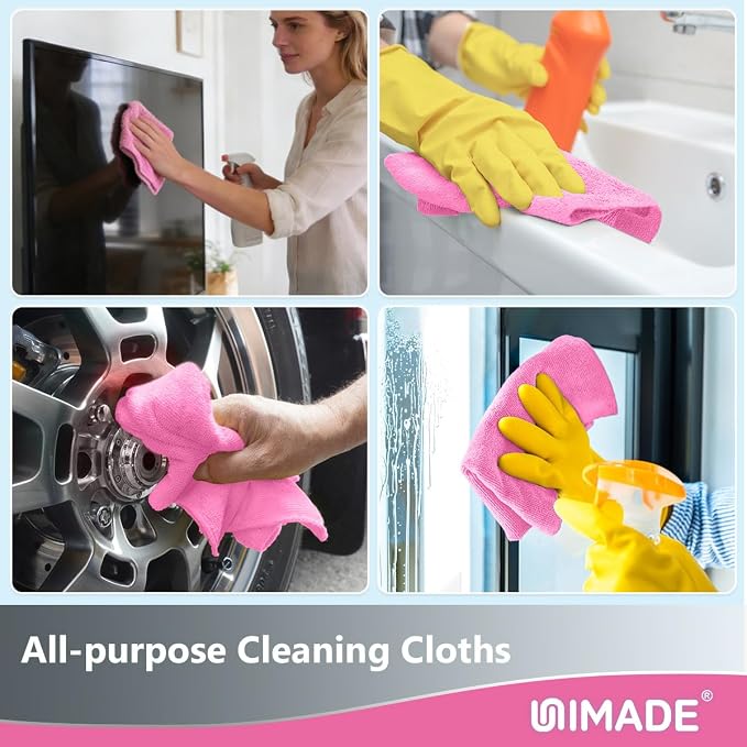 Microfiber Cleaning Cloth, 100 Sheets Microfiber Towels for Cars Commercial Grade Washcloths Lint-Free Bulk Shop Towel Cleaning Rags for Household Restaurant Garage Housekeeping,11"x 9", Pink
