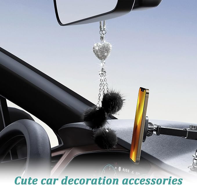 Bling Diamond Heart Car Interior Accessories - Heart & Pink Plush Ball Decor Ornament Pendant, Mirror Hanging Decoration Charm (Black)