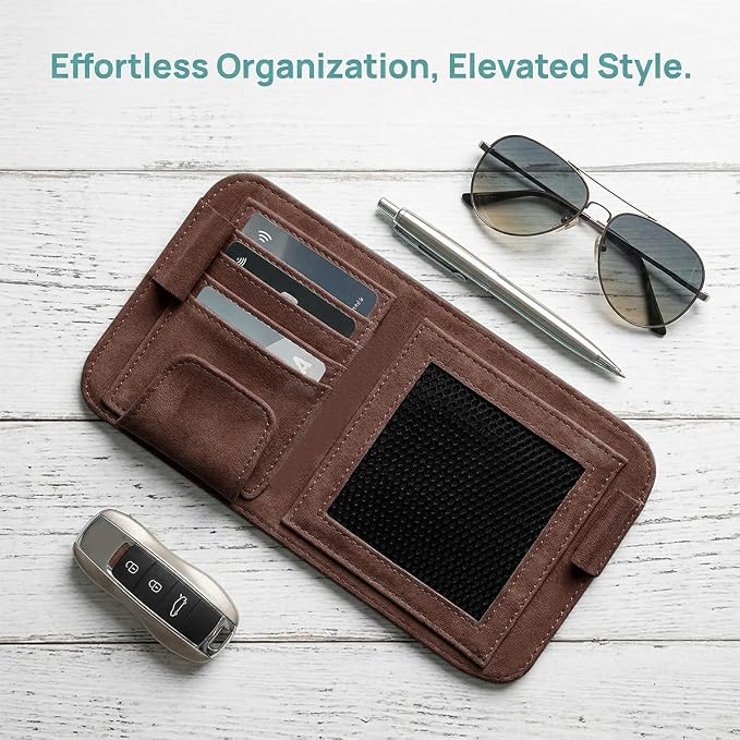 Car Sun Visor Organizer, Multi-Pocket Vehicle Sun Visor Storage Pouch with Sunglasses Clip, Auto Interior Sunshade Eyeglasses Card Holder Organizers, Universal for SUV Sedan Truck (Brown)