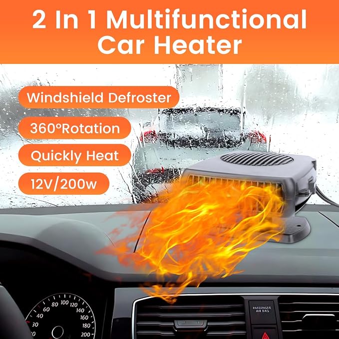 12V Car Heater,200W Portable Car Heater 360° Rotatable Car Defroster Windshield Heater Plug into Cigarette Lighter for Vehicle RV SUV (Large)