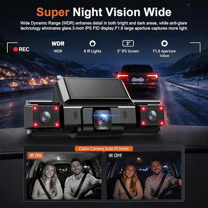 Dash Cam 360° View 4 Channel Car Camera, Front Rear Left Right 4 Way Recording, GPS WiFi APP Control, G-Sensor 24H Parking Mode, IR Night Vision WDR Wide Angle, Free 128G TF Card Included