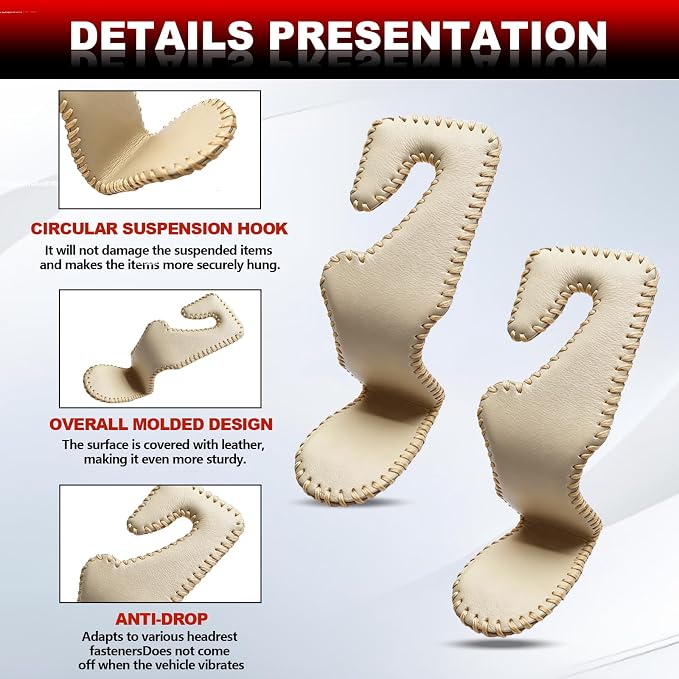 Automotive Universal 2PCS Leather Headrest Hooks, for Car Keep Purses Bags Coats and Groceries Secure Universal Fit for Most Vehicles, Beige