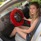 Fluffy Steering Wheel Cover 3PCS Set – Plush Fuzzy Fur Steering Wheel Cover with Gear Shift Cover & Handbrake Cover, Winter Warm Car Accessories, Car Interior Accessories for Women (RED)